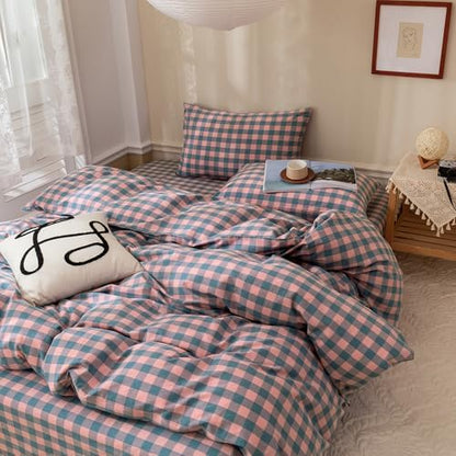 Checkered Comforter Set King Size Purple Pink Plaid Bedding Comforter Cotton Fabric with Microfiber Inner Fill Soft Fluffy Bed Set 3 Pieces Grid Bedding Checkered Pattern Comforter with 2 Pillowcases
