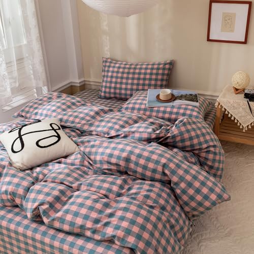 LifeTB Purple Pink Plaid Comforter Set Full Geometric Checkered Pattern Comforter Boho Grid Plaid Printed Bedding Comforter Set Fluffy Soft Lightweight Bedding Comforter Full Size with 2 Pillowcases