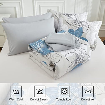 Luxudecor Floral California King Size Comforter Set, 7 Pieces Blue Floral Bed in a Bag Comforter and Sheet Set, Soft Microfiber Cal King Complete Bedding Sets for All Seasons 104"×96"
