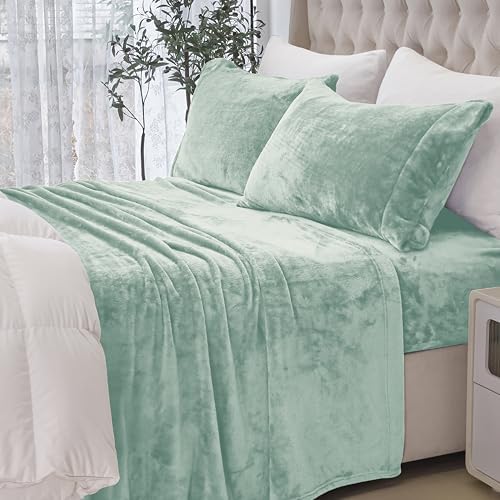 Elegant Comfort Luxuriously Soft 4-Piece Velvet Plush Flannel Sheet Set - Premium Quality - Cozy Warm, Anti-Static, Non Pilling Fuzzy Velvet Flannel Fleece Deep Pocket Sheet Set - Full, Mint Green
