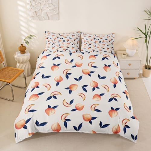 Erosebridal Peach Comforter Cover Set Queen for Girls Women Kids Cute Cartoon Fruit Printed Reversible Duvet Cover Stripe Decor Simple Soft Microfiber Polyester Bedding Set, Zipper, 3 Pieces