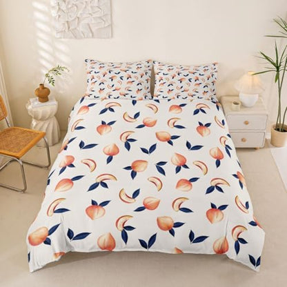 Erosebridal Peach Comforter Cover Set Queen for Girls Women Kids Cute Cartoon Fruit Printed Reversible Duvet Cover Stripe Decor Simple Soft Microfiber Polyester Bedding Set, Zipper, 3 Pieces