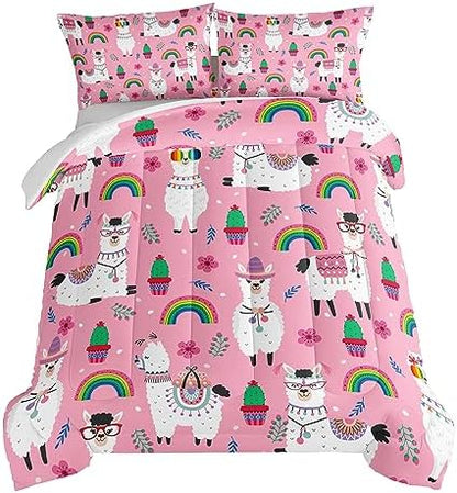HOSIMA Kids Girls Pink Comforter with 2 Pillowcases,Cute Llama Alpaca Bed in a Bag Queen Comforter Set Animal Bedding Sets for Room Decor,Rainbow Cactus Flower Toddler Comforter Kawaii Bedding.