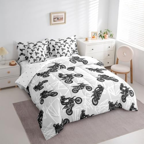 Feelyou Dirt Bike Comforter Set with Sheets 7 Piece Full Graffiti Style Lines Bed in a Bag Kids Boys Girls Racing Motocross Rider Bedding Set Motorcycle Bedroom Decor Extreme Sports Soft Lightweight