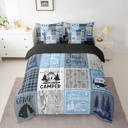 Erosebridal Kids Camper Comforter Set 7 Piece Twin Happy Camping Bed in A Bag Rv Bunk Accessories Bedding for Travel Trailers,Blue Grey Rustic Buffalo Plaid Arrow Pine Tree Bed Set for Boys Girls