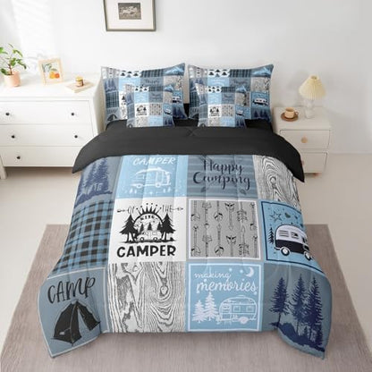 Erosebridal Kids Camper Comforter Set 7 Piece Twin Happy Camping Bed in A Bag Rv Bunk Accessories Bedding for Travel Trailers,Blue Grey Rustic Buffalo Plaid Arrow Pine Tree Bed Set for Boys Girls