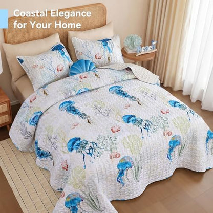 weigelia Coastal Quilt Bedding Set Queen Size - Lightweight Summer Bedspread with Blue Jellyfish Ocean Coastal Decor, Soft Nautical Comforter for All Season for Beach House Decor