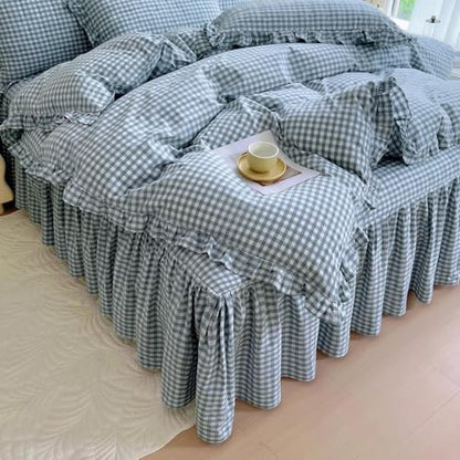 LifeTB Queen Comforter Set Blue Gingham Comforter Vintage Ruffle Plaid Checkered Pattern Comforter Set Queen Fluffy Soft Gingham Bedding Set Farmhouse Plaid Grid Bed Comforter with 2 Pillowcases