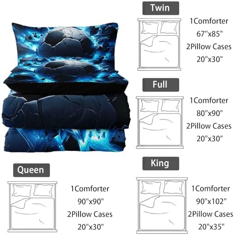 Nttopship Soccer Bedding Comforter Set King Size for Kids Teens and Adults, Blue Black Football Printed Bedding Sets 3 PCS,Ball Sports Themed Bedroom Decor with 1 Comforter and 2 Pillowcases