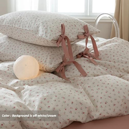 VM VOUGEMARKET Rose Flower Duvet Cover Queen Stripes Bedding Set 100% Cotton Vintage Country Style Girls Comforter Cover with 2 Bow Tie Pillowcases,Off-White/Cream