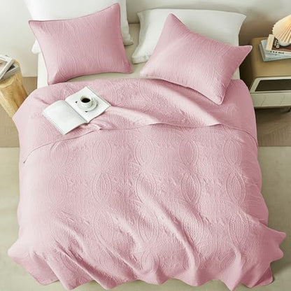 akkialla Twin Quilt Set,Pink Lightweight Bedspread with Coin Pattern, Soft Microfiber Coverlet for All Seasons, Elegant Modern Home Style (1 Quilt, 1 Pillow Sham)