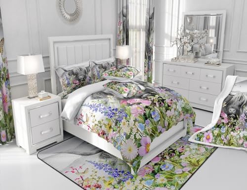 Highland Cow Comforter Set King Size,Colorful Flowers Leaves Bedding Set 3pcs for Kids Teens Adults Room Decor,Rustic Farmhouse Animals Plants Quilt Set Cowhide Vintage Duvet Insert,2 Pillowcases
