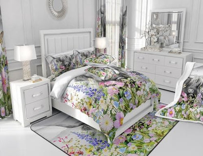 Highland Cow Comforter Set King Size,Colorful Flowers Leaves Bedding Set 3pcs for Kids Teens Adults Room Decor,Rustic Farmhouse Animals Plants Quilt Set Cowhide Vintage Duvet Insert,2 Pillowcases