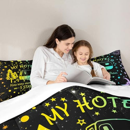 Happy Camping Comforter Set King Size,Camper RV Trailer Decor Bedding Set 3pcs for Kids Boys Girls Adults,Sun Moon Starry Sky Summer Down Comforter,Watercolor Romantic Duvet Insert,2 Pillowcases