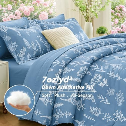 MUXHOMO Ice Blue Full Comforter Set, Elegant Floral Print Bed in a Bag 7 Pieces, Ultra Soft & Breathable Reversible Botanical Pattern Bedding Set with Comforter, Sheets, Pillowcases, and Shams
