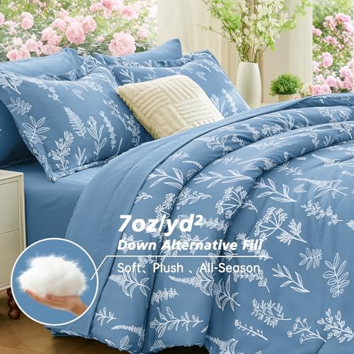 MUXHOMO Ice Blue Bed in a Bag King 7 Pieces, King Comforter Set Reversible Botanical Flowers Design, Ultra Soft & Breathable Bedding Sets with Comforter, Sheets, Pillowcases & Shams
