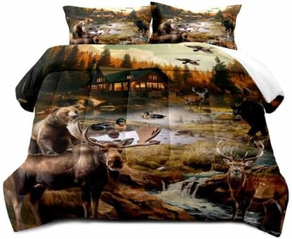 LUVIVIHOME 2PCS Black Bear Moose Elk Deer Comforter Set Twin Size, Rustic Cabin Bedding, Mallard Duck Forest Animal Wildlife Hunting Hunter Country Lodge Rustic Farmhouse Bedroom Decor, 1 Pillow Sham