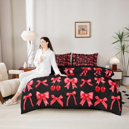 Red Cherry Bow Comforter Set 7 Piece Bed in a Bag Twin, Cute Silk Ribbon Bowknot Bedding Sets Princess Bow Tie Comforter and Sheet Set, Dreamy Kawaii Room Decor,Girly Red and Black Room Decor