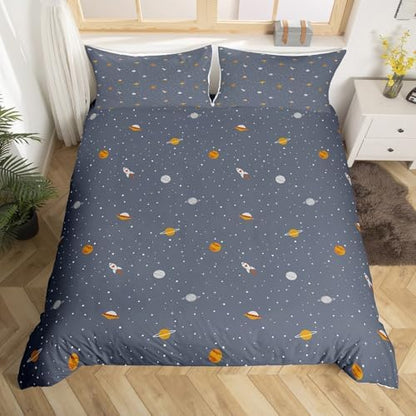 Erosebridal Galaxy Series Bedding Set, Grid Decor Duvet Cover, Twin Size for Boys Teens Kids Bedroom Decor Comforter Cover Set Starry Sky Planet Lattice Pattern Soft Microfiber Reversible Quilt Set