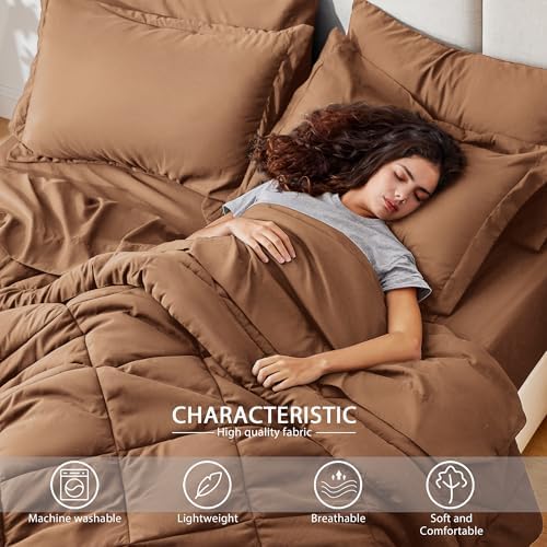 Love's cabin King Size Comforter Set Mocha Mousse, 7 Pieces King Bed in a Bag, All Season Bedding Sets with 1 Comforter, 1 Flat Sheet, 1 Fitted Sheet, 2 Pillowcase and 2 Pillow Sham