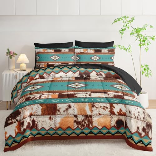 AILONEN Ethnic Cowhide Pattern Comforter Set Queen,7-Piece Soft Bed in a Bag,Western Cow Fur Comforter & Fitted Sheet & Flat Sheet & 2 Pillowcases,2 Pillow Shams for Bedroom