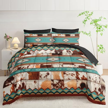 AILONEN Ethnic Cowhide Pattern Comforter Set Queen,7-Piece Soft Bed in a Bag,Western Cow Fur Comforter & Fitted Sheet & Flat Sheet & 2 Pillowcases,2 Pillow Shams for Bedroom