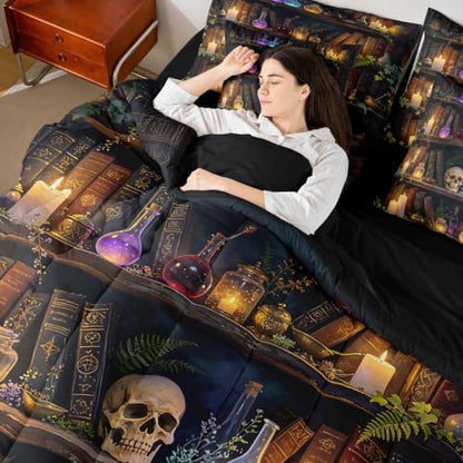Erosebridal Gothic Bookshelf Skull 7 Pcs Bedding Set King Witchcraft Library Comforter Set with Sheets Mysterious Magic Bookcase Vintage Bed in a Bag Spooky Halloween Wizard Antique Bed Sets Comforter