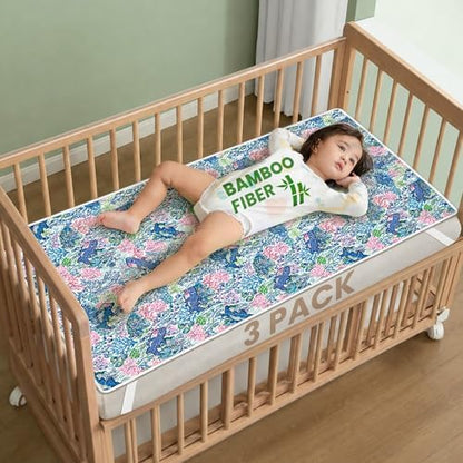Crib Mattress Protector Viscose from Bamboo 3 Pack, 100% Waterproof Absorbent Crib Mattress Pad Cover for Baby & Toddler, Machine Washable Quilted Toddler Mattress Protector, 52''x28''