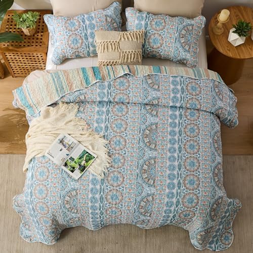Qucover Boho Quilts Queen Size Bedding Set, Teal Blue