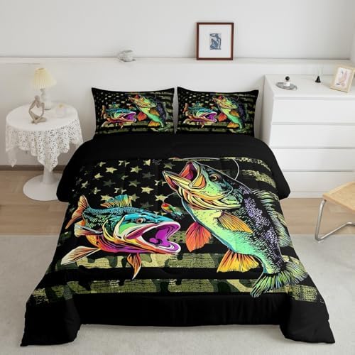 Castle Fairy Bass Fish Camouflage Comforter Set Twin,Pike Fish Camo Bedding Set for Women Men Room,Kids Farmhouse Fishing Decor Comforter Fishman Wild Quilt Set Down Comforter,Green Black