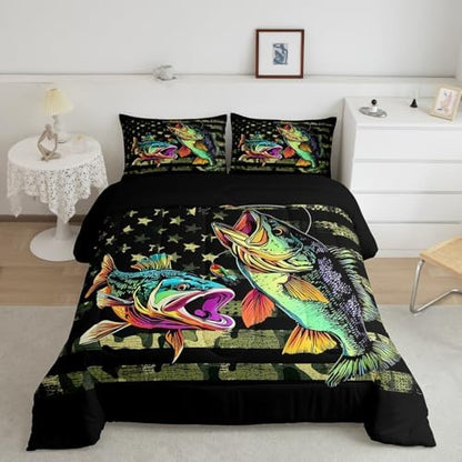 Castle Fairy Bass Fish Camouflage Comforter Set Twin,Pike Fish Camo Bedding Set for Women Men Room,Kids Farmhouse Fishing Decor Comforter Fishman Wild Quilt Set Down Comforter,Green Black