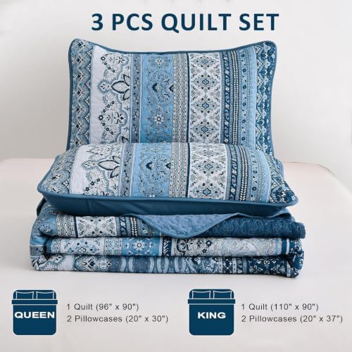 WONGS BEDDING Blue Quilt Queen Size,3 Pieces Bohemian Bedspread