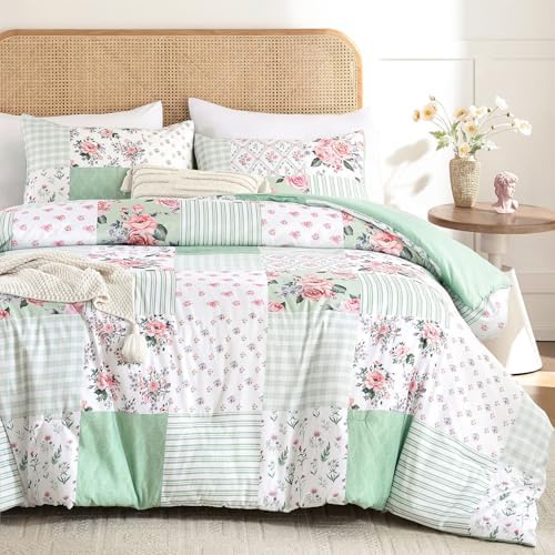 YIKUSH Green Floral Queen Comforter Set, Soft Lightweight All Season Bedding Set for Women Girls, Cozy Cottagecore Botanical Comforter Queen Size with 2 Pillow Shams, Breathable Floral Bed Set