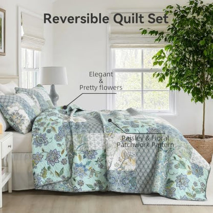 Yvooxny 3-Piece Quilt Set Queen Size Patchwork Paisley Turquoise Floral