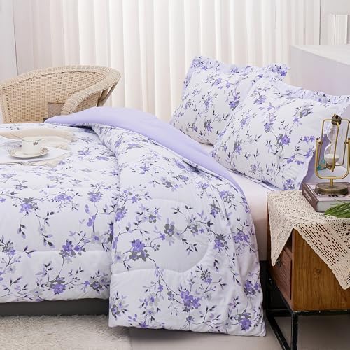 Mooreeke Floral Queen Size Comforter Sets, Lightweight Purple Lavender Botanical Printed Bedding for All Seasons, 3-Piece Vintage Bed in a Bag with Fluffy Quilted Reversible Comforter & 2 Pillow Shams