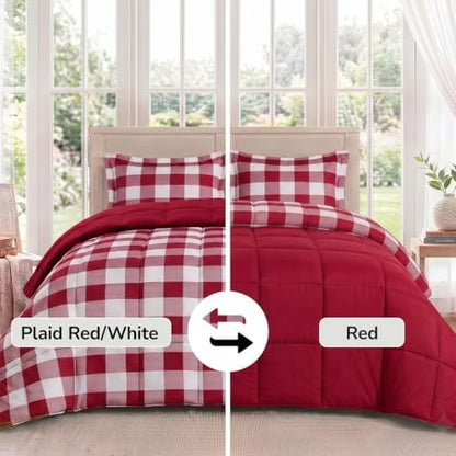 downluxe Lightweight Plaid Comforter Set (King) with 2 Pillow Shams - 3-Piece Set - Red/White Plaid - Down Alternative Reversible Comforter