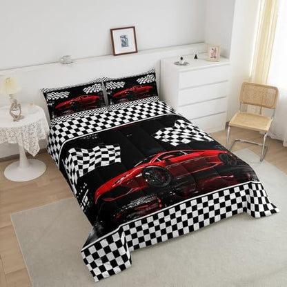 Feelyou Race Car Comforter Set King Size Cool Car Bedding Set Ultra Soft Racing Car Comforter for Kids Boys Girls Extreme Sports Duvet Quilt Bedroom Decor Automobile Quilt