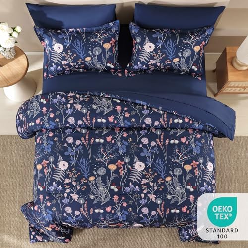 Yiran Twin Comforter Set Floral, Navy Blue 5 Piece Bed in a Bag Bedding Set Lightweight Comforters with Flowers for Women Girls, Soft Breathable Botanical Complete Set with Sheets for All Season