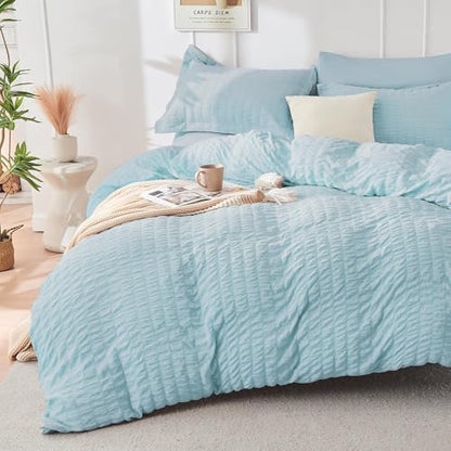 HYMOKEGE Lake Blue Queen Comforter Set Seersucker 7 Pieces, All Season Luxury Bed in a Bag for Bedroom, Bedding Set with Comforters, Sheets, Pillowcases & Shams