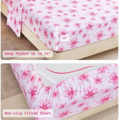lasoftan Floral Queen Comforter Set with Sheets, 7 piece Luxury Vintage Bedding, Soft Microfiber Bed in a Bag, Cozy Lightweight Bed Set, Pink Floral