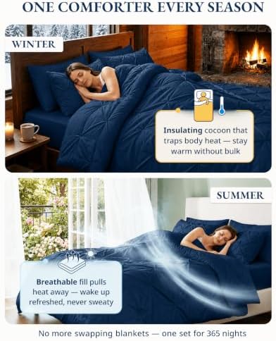 LANE LINEN 7 Piece Queen Comforter Set Microfiber Pintuck - Navy Blue