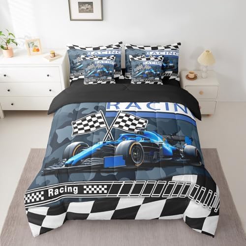 Boys Teens Race Car Comforter Set Bed in a Bag 7 Pieces Queen,Racing Sports Racing Flag Kids Bedding Set,Retro Camouflage Print (Comforter+Fitted+Flat Sheet+2 Pillowcases+2 Throw Pillow Covers)