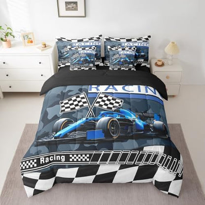 Boys Teens Race Car Comforter Set Bed in a Bag 7 Pieces Queen,Racing Sports Racing Flag Kids Bedding Set,Retro Camouflage Print (Comforter+Fitted+Flat Sheet+2 Pillowcases+2 Throw Pillow Covers)