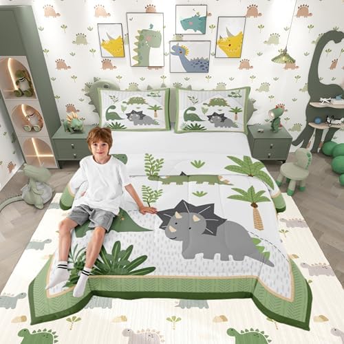 Cartoon Dinosaur Kids Comforter Set King Size,Cute Jungle Wildlife Animals Down Alternative Child Bedroom Decor,Tree Plants Cartoon Paint Print Ultra Soft Inner Fill 3 Pcs Bedding with 2 Pillowcases