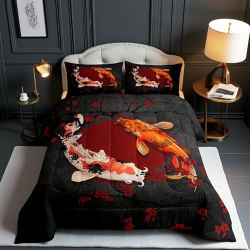 Koi Fish Kids Comforter Set Queen Size,Marine Animals Cherry Blossom Branch Romantic Bedding Set,Girls Boys Adults Xmas Decor,Japanese Ukiyo-e Down Comforter,Red Black Duvet Insert,2 Pillowcases