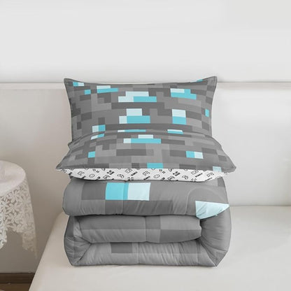 Pixelated Blocks Miners Comforter Set King Size,Video Games Game Gamepad Kids Bedding Set,Geometric Grid Patchwork Quilt Comforter,Gray Blue Duvet Insert,2 Pillowcases