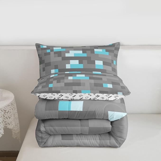 Pixelated Blocks Miners Kids Comforter Set Twin Size,Video Games Game Gamepad Bedding Set Boys Room Decor,Geometric Grid Patchwork Quilt Comforter,Gray Blue Duvet Set Bedroom Quilt Set,1 Pillowcase