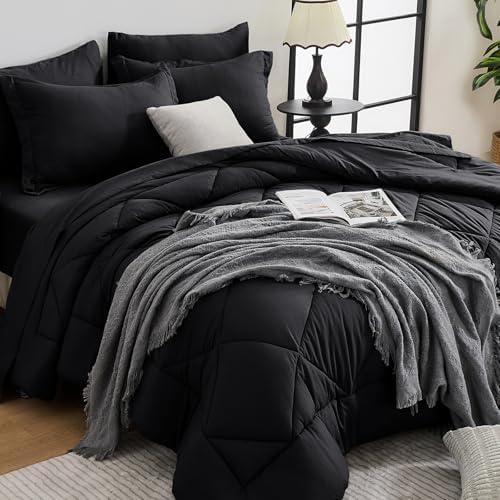 HEVUMYI 7-Piece Queen Comforter Set, Black Bed in a Bag