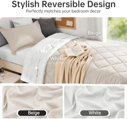 MUXHOMO 5 Pieces Twin XL Comforter Set, Reversible Bed in a Bag Twin XL Size, All Season Bedding Set with Comforter, Flat Sheet, Fitted Sheet, Pillowcases & Shams, Beige & White