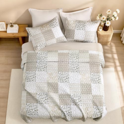 Litanika Floral Beige Quilt Queen - 3Pcs Botanical Birds Bedding Set